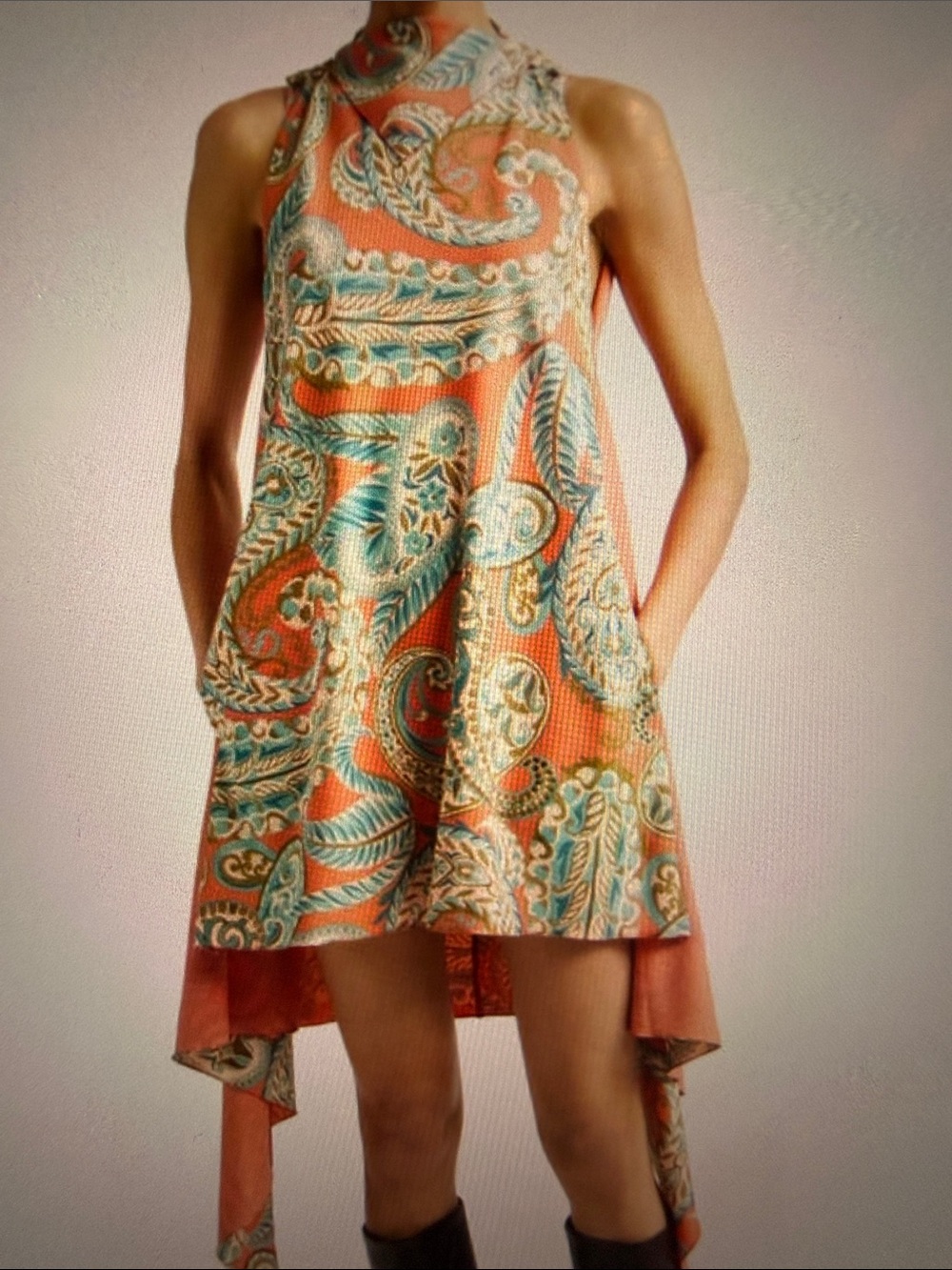 NWT Etro Paisley, draped side Sleeveless Coral High-Low Summer Dress